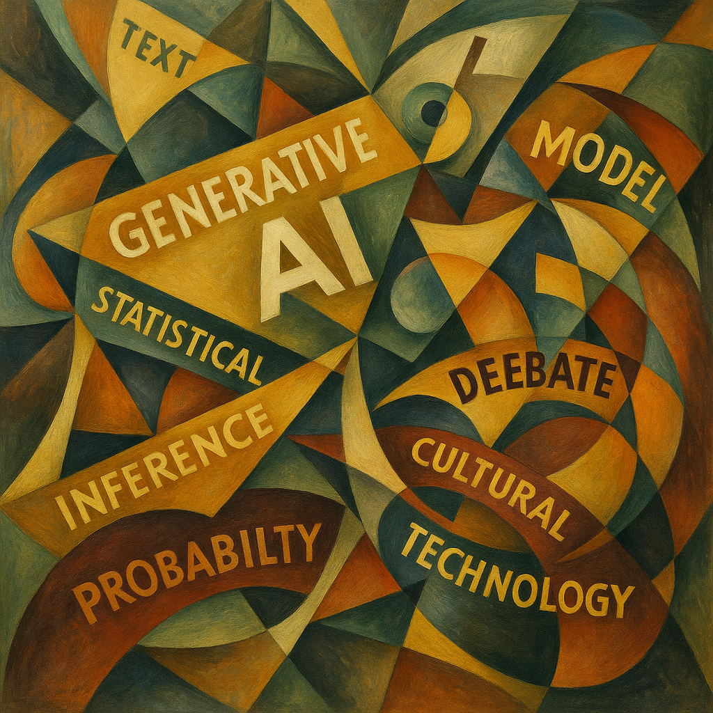 ChatGPT's interpretation of the course description, as a painting in the style of the Futurist Gino Severini.  The fact that it managed to spell 'statistical inference', but not 'debate', is a nice touch.